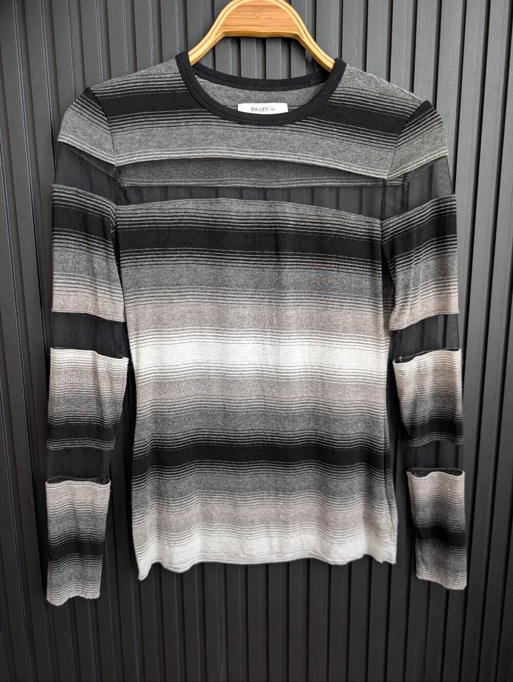 Grey And Black Striped Mesh Mixed Media Long Sleeve Top Made In USA Size S